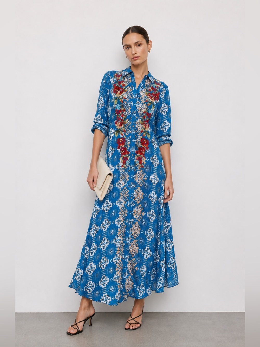 Blogger favorite LONG SLEEVE BUTTON UP SLIT FLORAL EMBROIDERY POCKETS MAXI DRESS